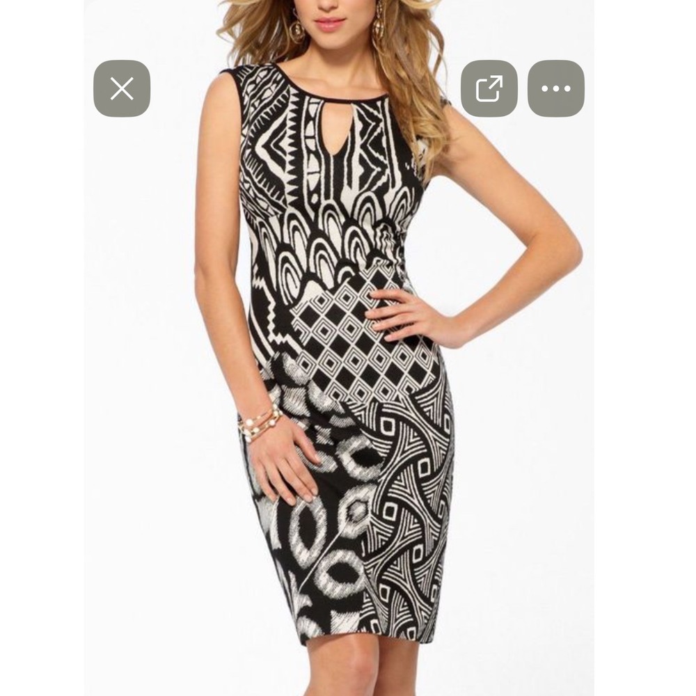 Cache Black White Geometric Tribal Print Keyhole Bodycon Sheath Dress Sz M NWT
